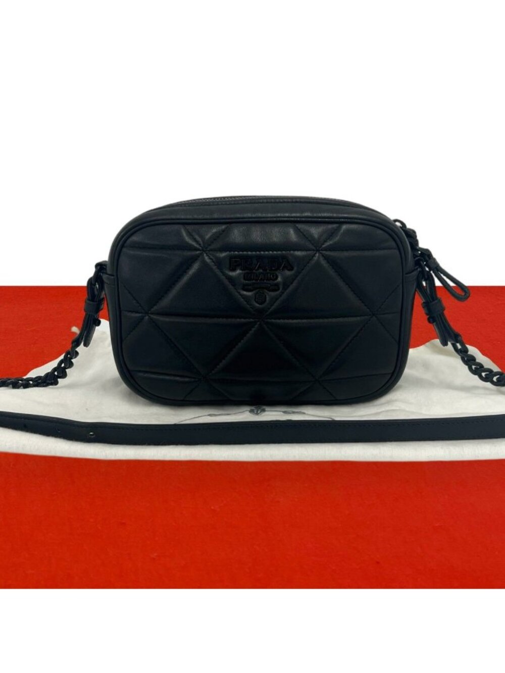 Prada Logo Quilted Leather Chain Mini Shoulder Bag Pochette Black